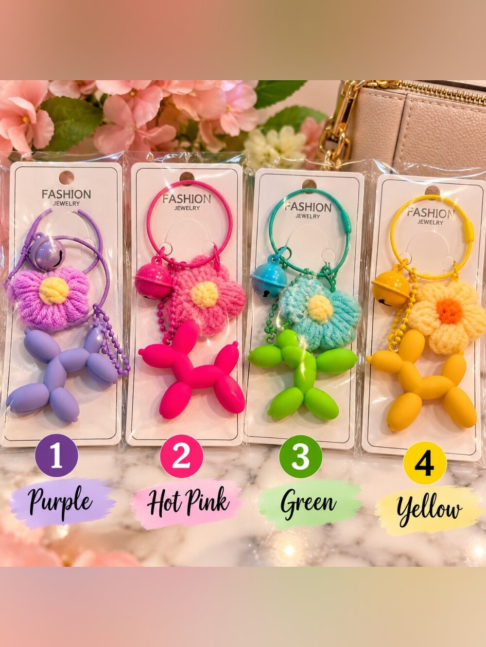 🐶🌸 Balloon Dog & Flower Keychain / Purse Charm – Choose Your Color